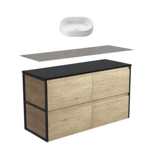 Fienza Amato Scandi Oak With Matte Black Frames Wall Hung Vanity With Stone Top & Above Counter Basin