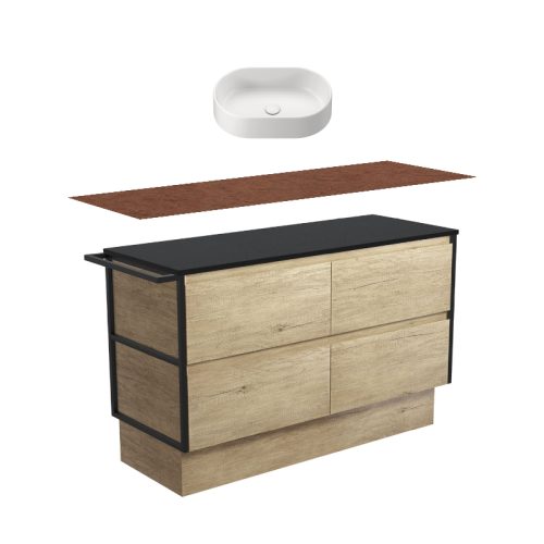 Fienza Amato Scandi Oak With Single Frame & Towel Rail On Kickboard Vanity With Hardwood Top & Above Counter Basin