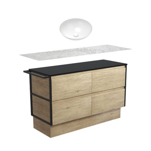 Fienza Amato Scandi Oak With Single Frame & Towel Rail On Kickboard Vanity With Solid Surface Top & Above Counter Basin