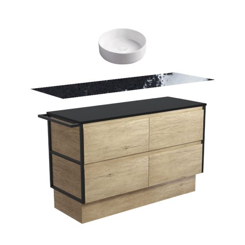 Fienza Amato Scandi Oak With Single Frame & Towel Rail On Kickboard Vanity With Stone Top & Above Counter Basin