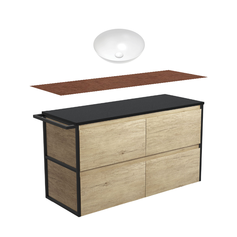 Fienza Amato Scandi Oak With Single Frame & Towel Rail Wall Hung Vanity With Hardwood Top & Above Counter Basin