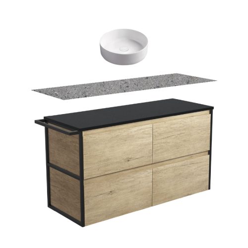 Fienza Amato Scandi Oak With Single Frame & Towel Rail Wall Hung Vanity With Solid Surface Top & Above Counter Basin