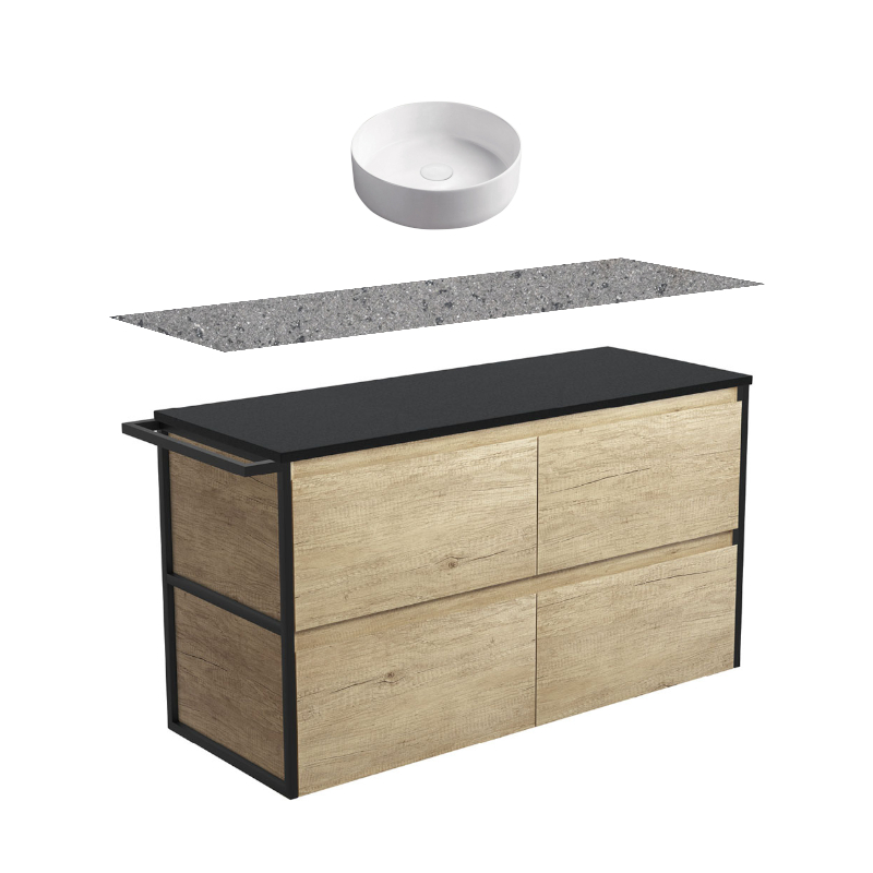 Fienza Amato Scandi Oak With Single Frame & Towel Rail Wall Hung Vanity With Solid Top & Above Counter Basin