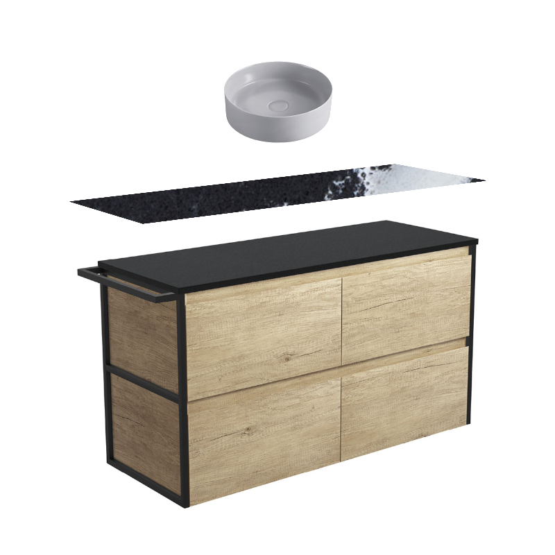 Fienza Amato Scandi Oak With Single Frame & Towel Rail Wall Hung Vanity With Stone Top & Above Counter Basin