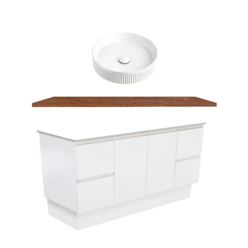 Fienza Fingerpull Satin White Kickboard Vanity With Hardwood Top & Above Counter Basin