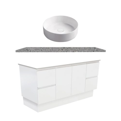 Fienza Fingerpull Satin White Kickboard Vanity With Solid Surface Top & Above Counter Basin