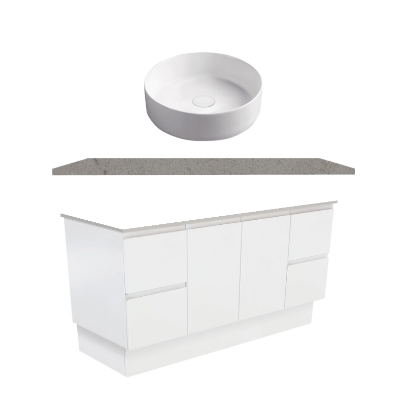 Fienza Fingerpull Gloss White Kickboard Vanity With Stone Top & Above Counter Basin