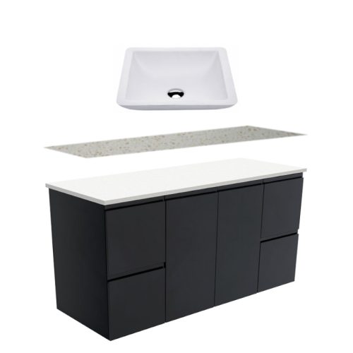 Fienza Fingerpull Satin Black Wall Hung Vanity With Solid Surface Top & Above Counter Basin
