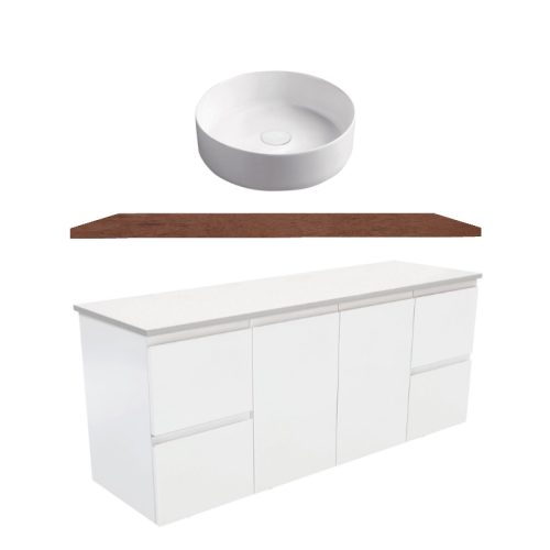 Fienza Fingerpull Satin White Wall Hung Vanity With Hardwood Top & Above Counter Basin