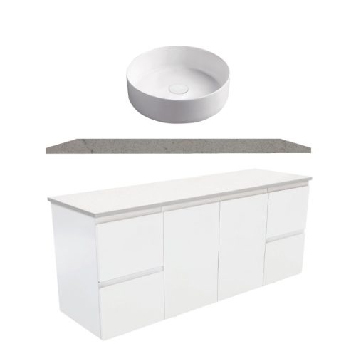 Fienza Fingerpull Satin White Wall Hung Vanity With Solid Surface Top & Above Counter Basin