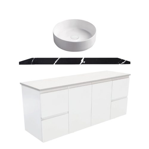 Fienza Fingerpull Satin White Wall Hung Vanity With Stone Top & Above Counter Basin