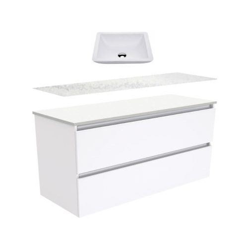Fienza Quest Gloss White Wall Hung Vanity With Solid Surface Top & Above Counter Basin