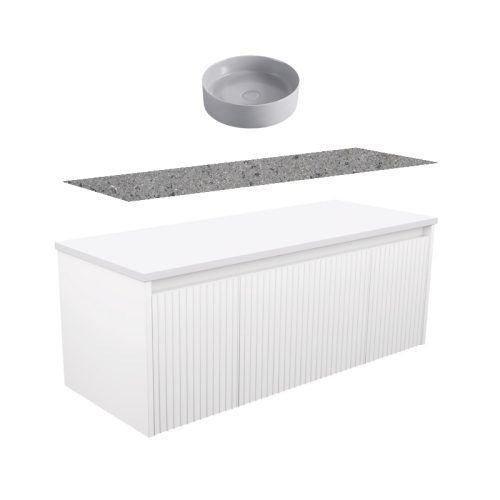 Fienza Alina Fluted Satin White Wall-Hung Vanity With Solid Surface Top & Above Counter Basin