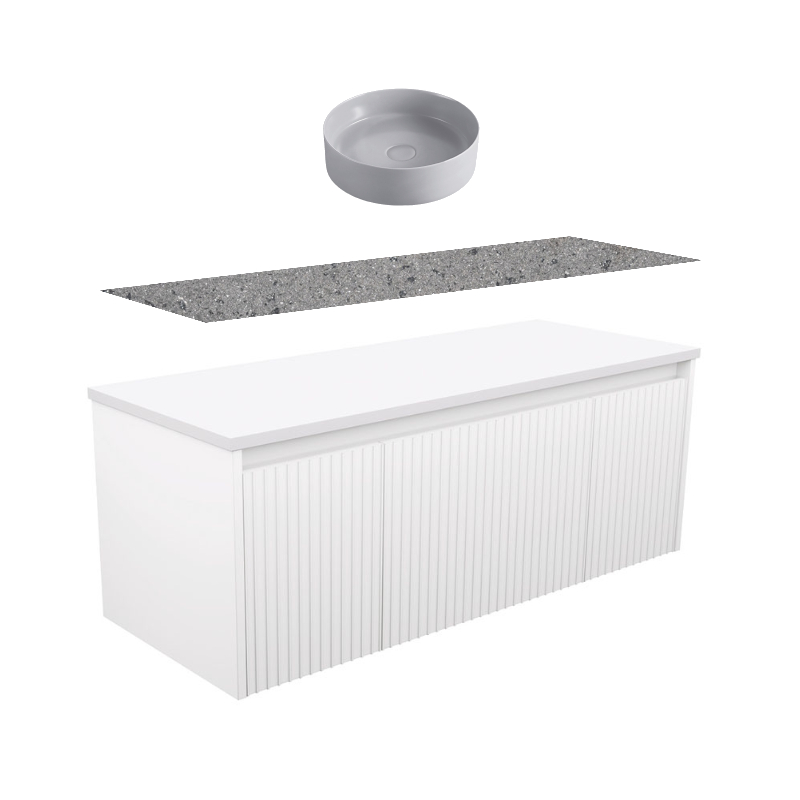 Fienza Alina Fluted Satin White Wall-Hung Vanity With Solid Surface Top & Above Counter Basin