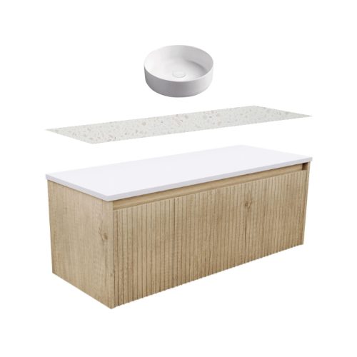 Fienza Alina Fluted Scandi Oak Wall-Hung Vanity With Solid Surface Top & Above Counter Basin