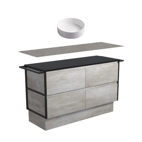 Fienza Amato Industrial Double Frame & Towel Rail On Kickboard Vanity With Stone Top & Above Counter Basin