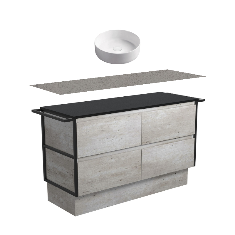 Fienza Amato Industrial Double Frame & Towel Rail KICK Vanity With Stone Top & Above Counter Basin