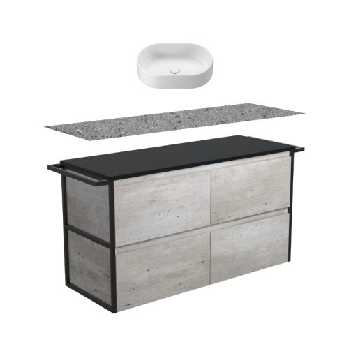 Fienza Amato Industrial Double Frame & Towel Rail Wall Hung Vanity With Solid Surface Top & Above Counter Basin