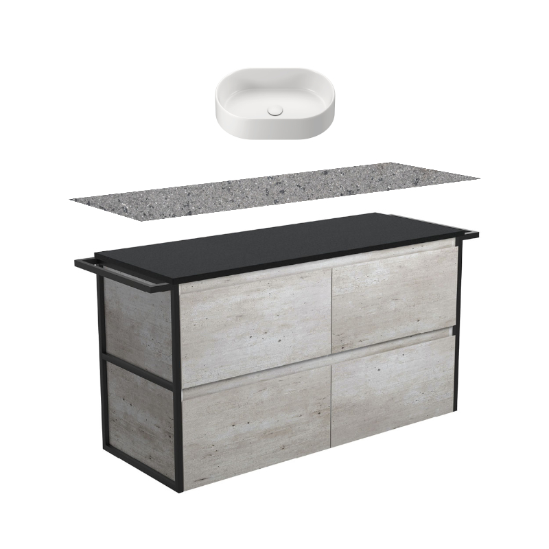 Fienza Amato Industrial Double Frame & Towel Rail Wall Hung Vanity With Solid Top & Above Counter Basin