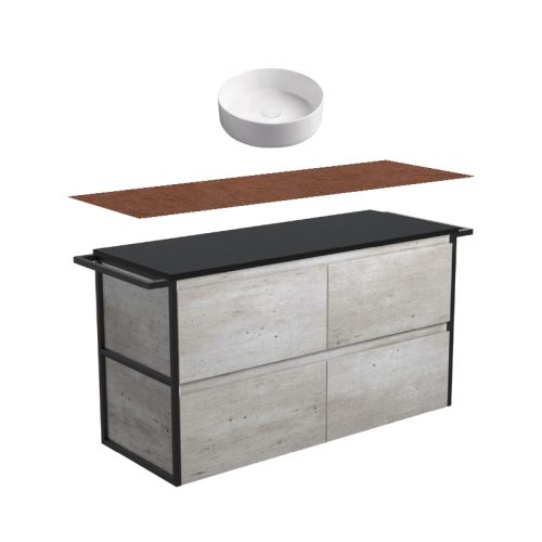Fienza Amato Industrial Double Frame & Towel Rail Wall Hung Vanity With Timber Top & Above Counter Basin