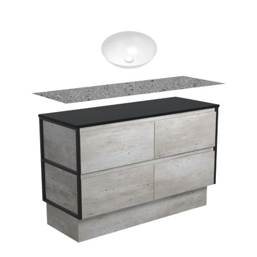 Fienza Amato Industrial Matte Black Frames On Kickboard Vanity With Solid Surface Top & Above Counter Basin