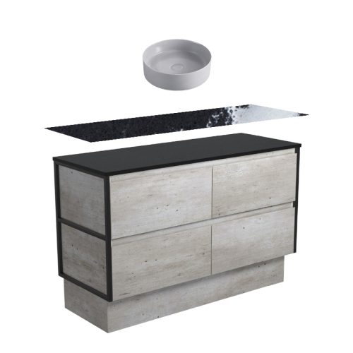 Fienza Amato Industrial Matte Black Frames On Kickboard Vanity With Stone Top & Above Counter Basin