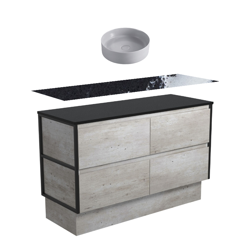 Fienza Amato Industrial Matte Black Frames On Kickboard Vanity With Stone Top & Above Counter Basin