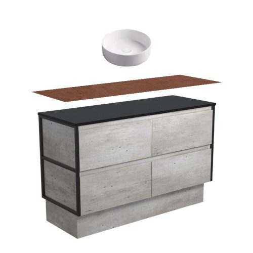 Fienza Amato Industrial Matte Black Frames On Kickboard Vanity With Timber Top & Above Counter Basin