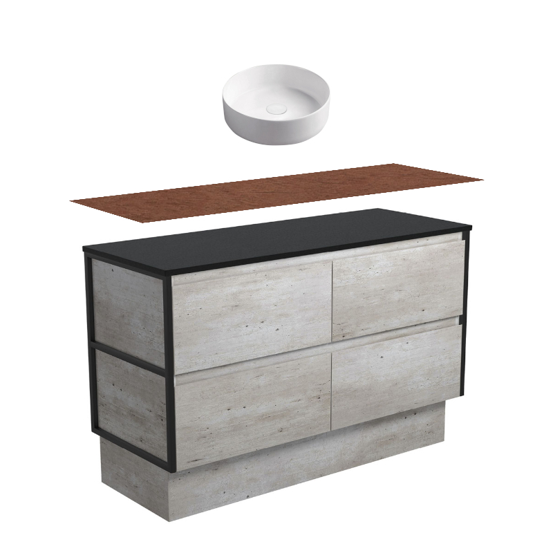 Fienza Amato Industrial Matte Black Frames On Kickboard Vanity With Timber Top & Above Counter Basin