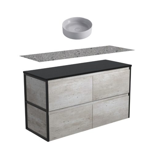 Fienza Amato Industrial Matte Black Frames Wall hung Vanity With Solid Surface Top & Above Counter Basin