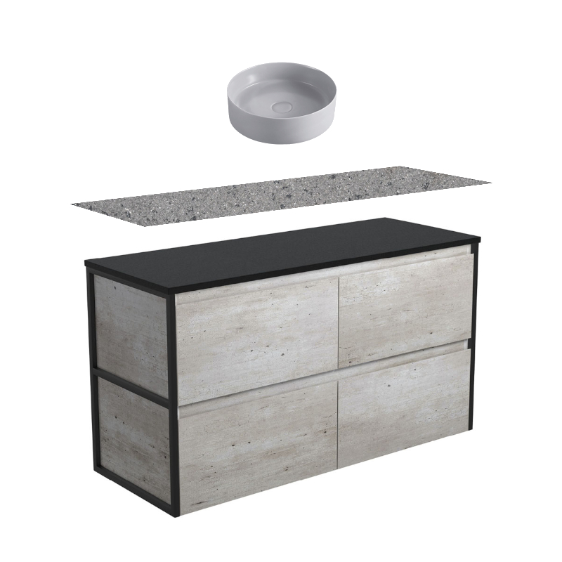 Fienza Amato Industrial Matte Black Frames Wall hung Vanity With Solid Top & Above Counter Basin