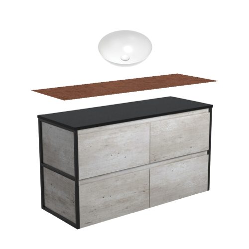 Fienza Amato Industrial Matte Black Frames Wall Hung Vanity With Timber Top & Above Counter Basin