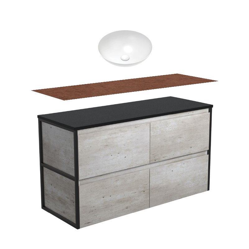 Fienza Amato Industrial Matte Black Frames Wall hung Vanity With Timber Top & Above Counter Basin