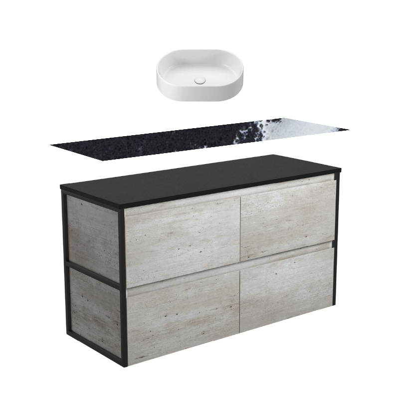 Fienza Amato Industrial Matte Black Frames Wall hung Vanity With stone Top & Above Counter Basin