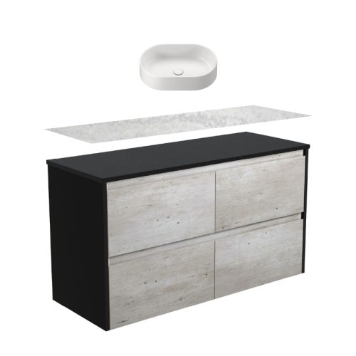 Fienza Amato Industrial Satin Black Panel Wall Hung Vanity With Solid Surface Top & Above Counter Basin