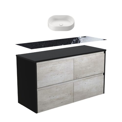 Fienza Amato Industrial Satin Black Panel Wall Hung Vanity With Stone Top & Above Counter Basin
