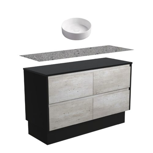 Fienza Amato Industrial Satin Black Panel On Kickboard Vanity With Solid Surface Top & Above Counter Basin