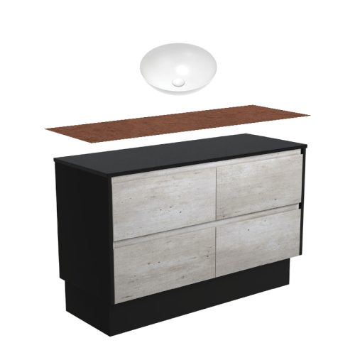 Fienza Amato Industrial Satin Black Panel On Kickboard Vanity With Timber Top & Above Counter Basin