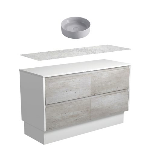 Fienza Amato Industrial Satin White Panel On Kickboard Vanity With Solid Surface Top & Above Counter Basin