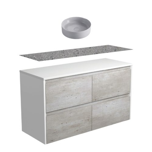 Fienza Amato Industrial Satin White Panel Wall Hung Vanity With Solid Surface Top & Above Counter Basin