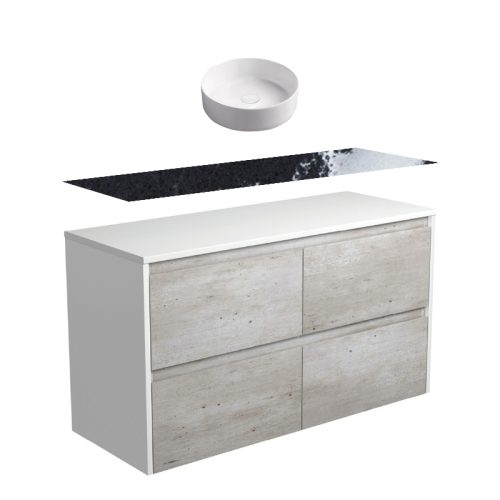 Fienza Amato Industrial Satin White Panel Wall Hung Vanity With Stone Top & Above Counter Basin