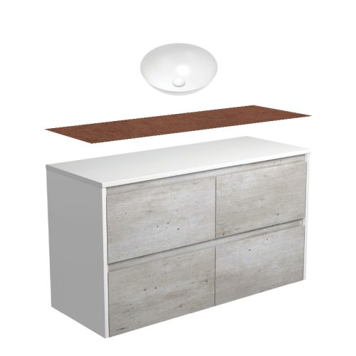 Fienza Amato Industrial Satin White Panel Wall Hung Vanity With Timber Top & Above Counter Basin