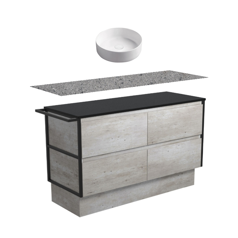 Fienza Amato Industrial Single Frame & Towel Rail Kickboard Vanity With Solid Top & Above Counter Basin