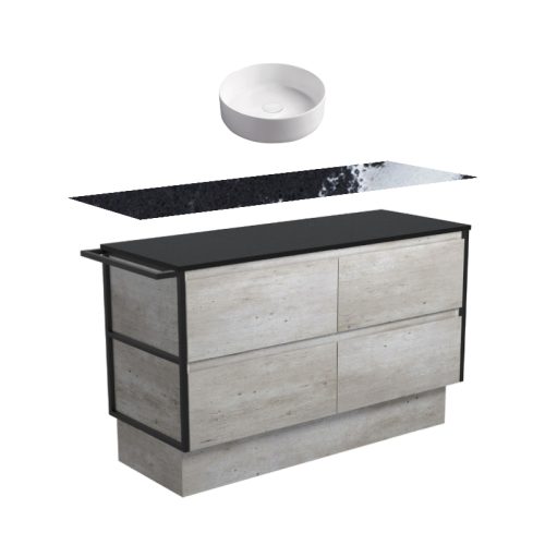 Fienza Amato Industrial Single Frame & Towel Rail On Kickboard Vanity With Stone Top & Above Counter Basin