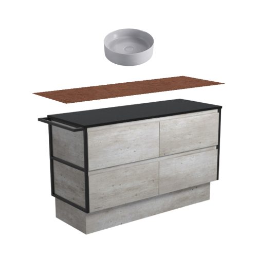 Fienza Amato Industrial Single Frame & Towel Rail On Kickboard Vanity With Timber Top & Above Counter Basin