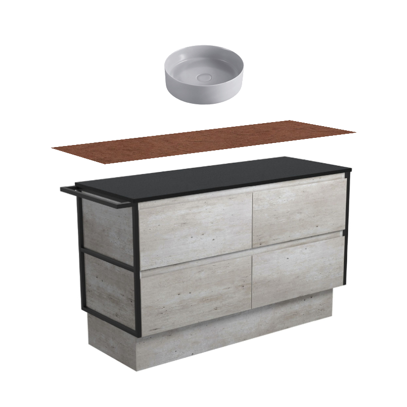 Fienza Amato Industrial Single Frame & Towel Rail Kickboard Vanity With Timber Top & Above Counter Basin