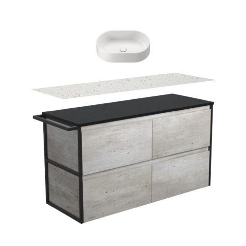 Fienza Amato Industrial Single Frame & Towel Rail Wall Hung Vanity With Solid Surface Top & Above Counter Basin