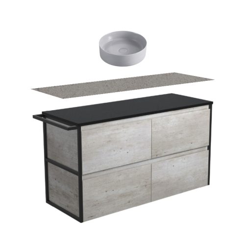 Fienza Amato Industrial Single Frame & Towel Rail Wall Hung Vanity With Stone Top & Above Counter Basin