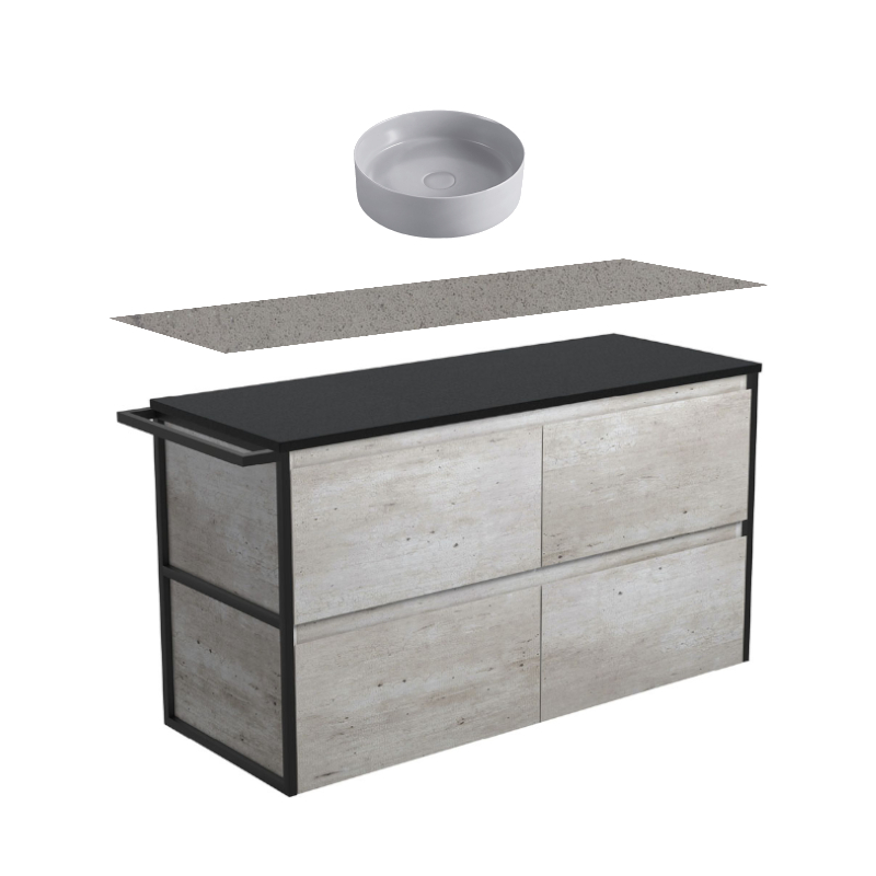 Fienza Amato Industrial Single Frame & Towel Rail Wall Hung Vanity With Stone Top & Above Counter Basin