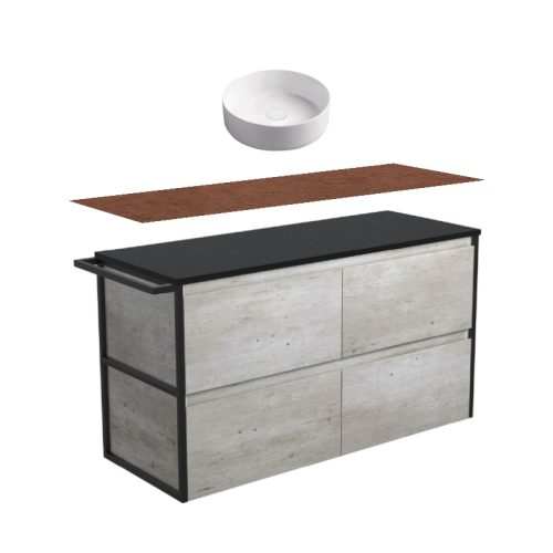 Fienza Amato Industrial Single Frame & Towel Rail Wall Hung Vanity With Timber Top & Above Counter Basin
